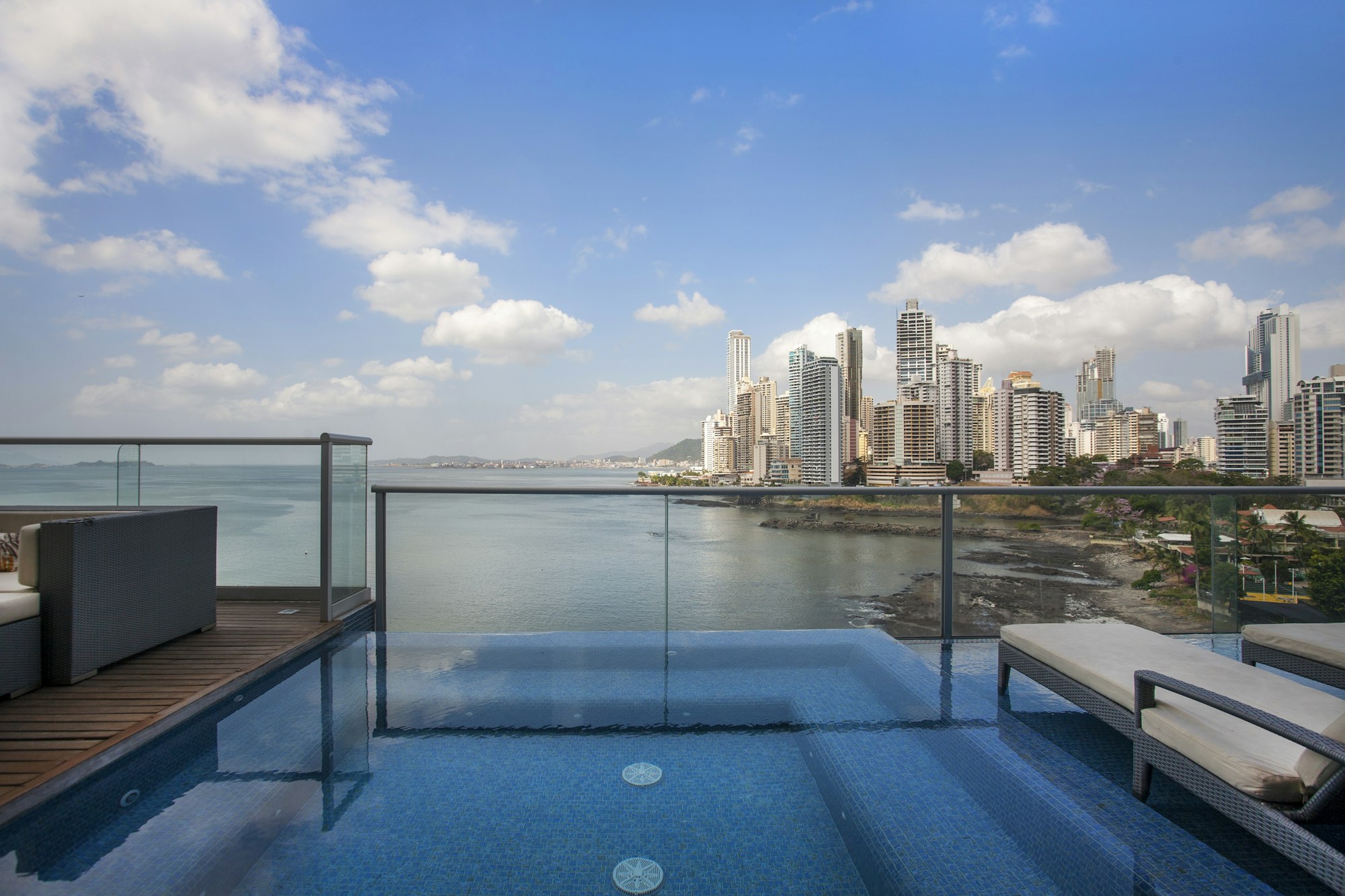 Skyline view from the pool of a tower.